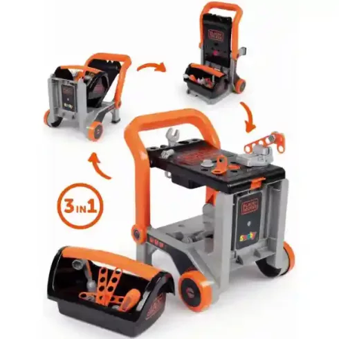 Smoby Black & Decker 3 az 1-ben játék szerelőkocsi szerszámosládával és szerszámokkal
