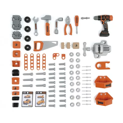 Smoby 360702 Black & Decker Bricolo Ultimate játék szerelőasztal fúrógéppel, körfűrésszel és 90db kiegészítővel