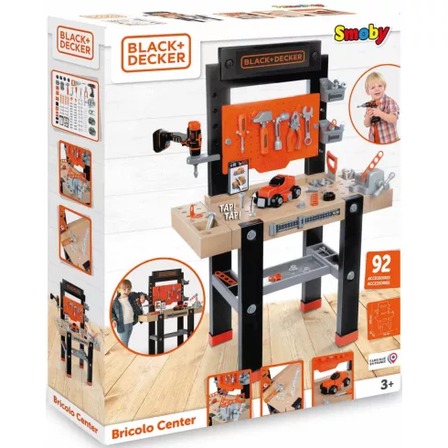 Smoby Black & Decker Bricolo Center játék szerelőasztal fúrógéppel és 92db kiegészítővel