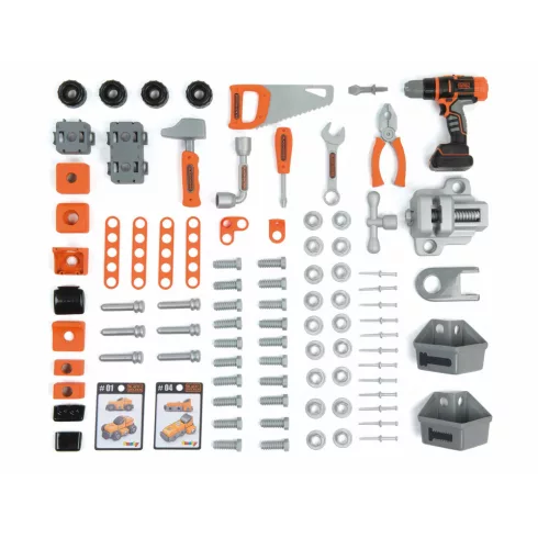 Smoby Black & Decker Bricolo Center játék szerelőasztal fúrógéppel és 92db kiegészítővel
