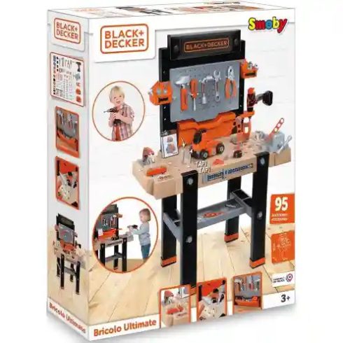 Smoby 360730 Black & Decker Bricolo Ultimate játék szerelőasztal fúrógéppel, körfűrésszel és 95db kiegészítővel
