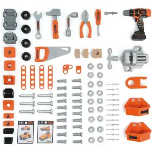Smoby 360730 Black & Decker Bricolo Ultimate játék szerelőasztal fúrógéppel, körfűrésszel és 95db kiegészítővel