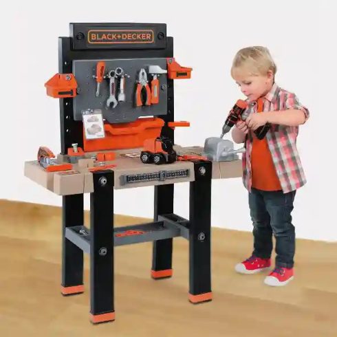 Smoby 360730 Black & Decker Bricolo Ultimate játék szerelőasztal fúrógéppel, körfűrésszel és 95db kiegészítővel