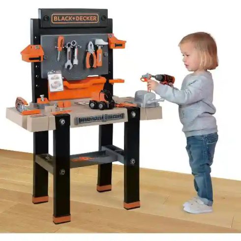 Smoby 360730 Black & Decker Bricolo Ultimate játék szerelőasztal fúrógéppel, körfűrésszel és 95db kiegészítővel