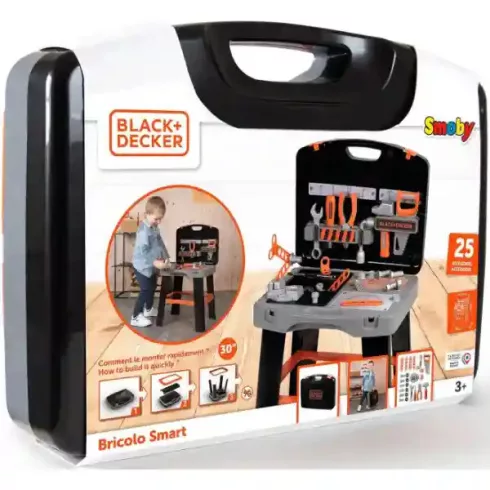 Smoby Black & Decker összecsukható játék szerelőasztal szerszámokkal bőröndben