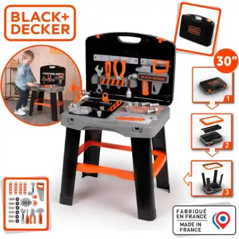 Smoby Black & Decker összecsukható játék szerelőasztal szerszámokkal bőröndben