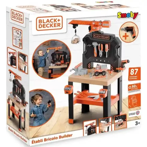 Smoby Black & Decker Bricolo Builder játék szerelőasztal 87db kiegészítővel és daruval