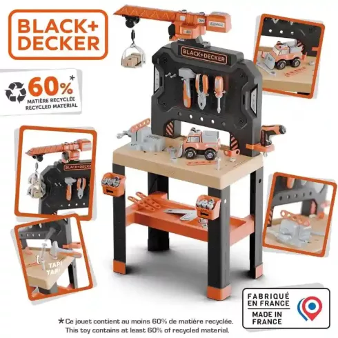 Smoby Black & Decker Bricolo Builder játék szerelőasztal 87db kiegészítővel és daruval