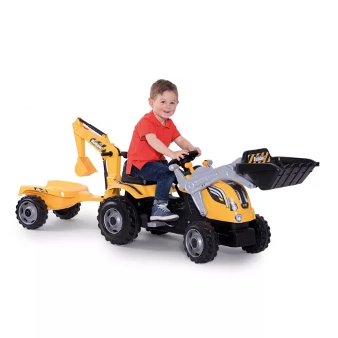 Smoby 710301 Builder Max pedálos traktor utánfutóval, homlokrakodóval és markolóval