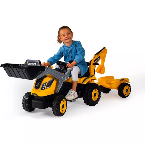 Smoby Builder Max pedálos traktor utánfutóval, homlokrakodóval és markolóval