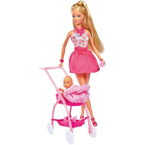 Steffi Love - Steffi barbie baba kisbabával és rózsaszín babakocsival (105733067)