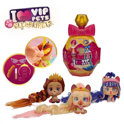 VIP Pets Celebripets - Meglepetés kutya figura hosszú hajjal és arany színű hajfestékkel