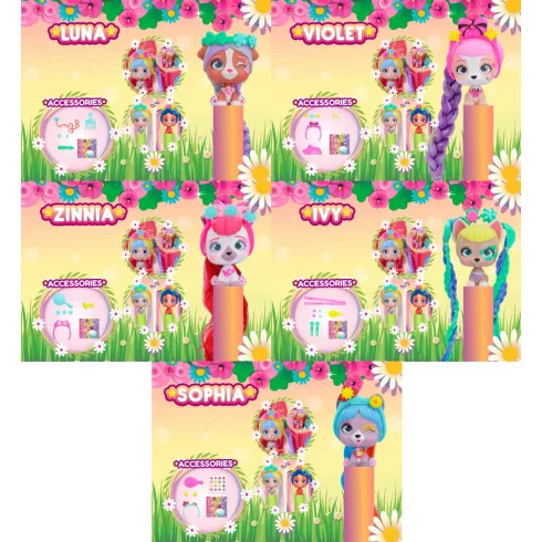 VIP Pets Spring Vibes - Meglepetés mini kutya figura hosszú hajjal és virág tetoválással S3